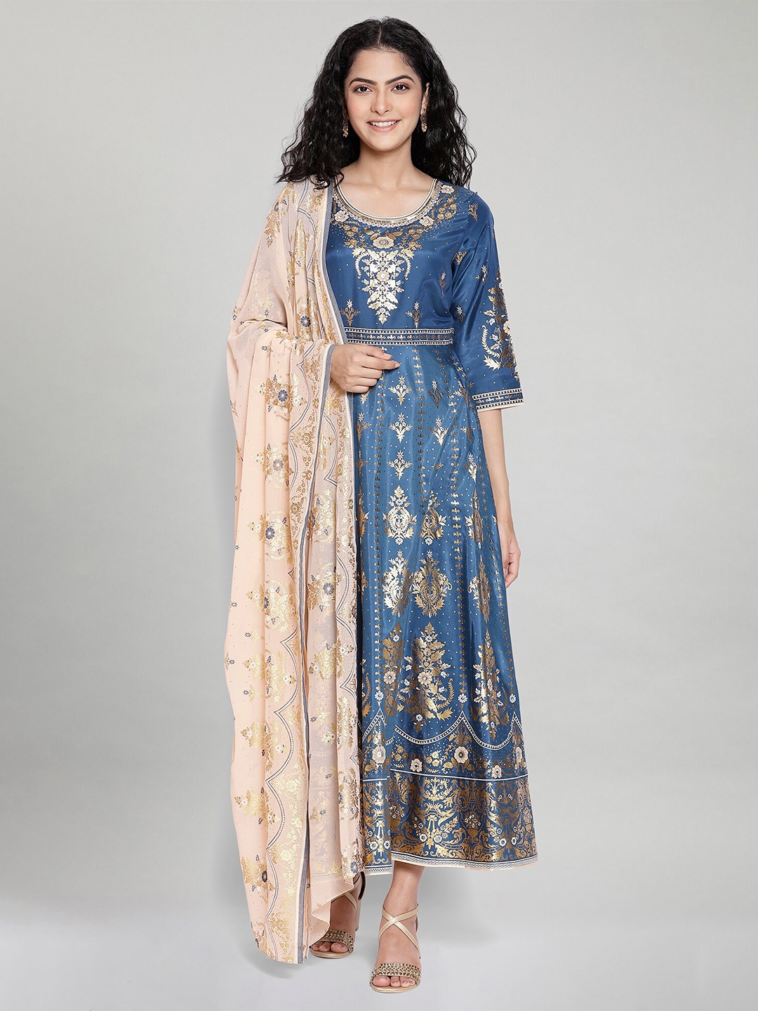 

AURELIA Blue & Pink Ethnic Motifs Ethnic Maxi Dress With Dupatta