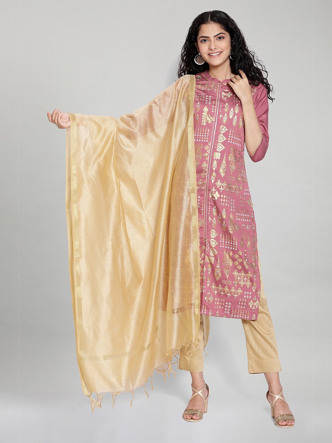 

AURELIA Gold-Toned Viscose Rayon Solid Dupatta