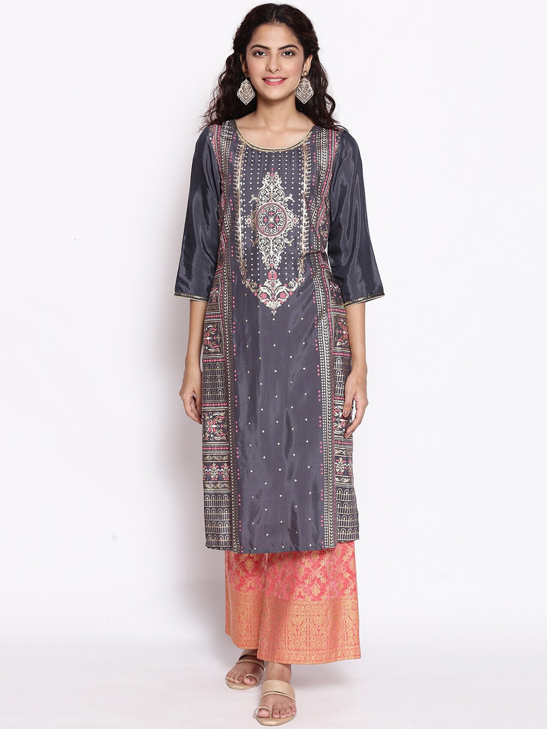 

AURELIA Women Grey & Gold-Toned Ethnic Motifs Printed Kurta