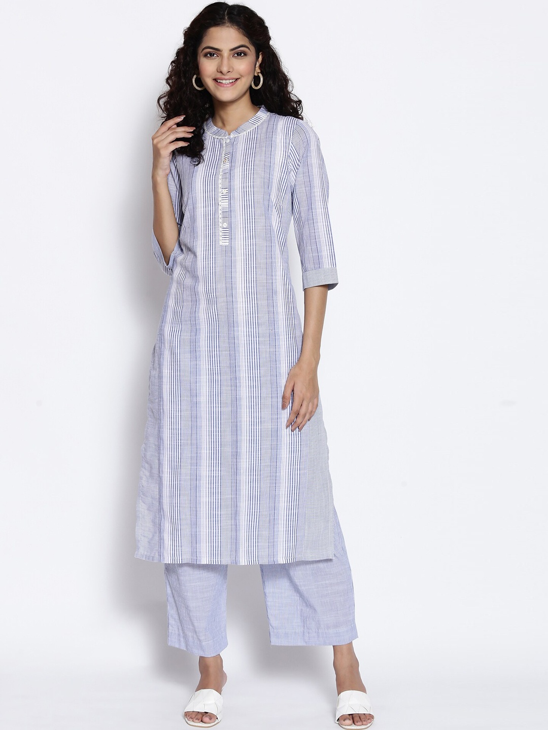 

AURELIA Women Blue Striped Regular Pure Cotton Kurta with Palazzos