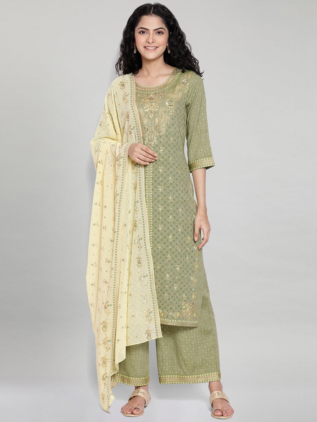 

AURELIA Women Green Ethnic Motifs Printed Kurta with Palazzos & With Dupatta