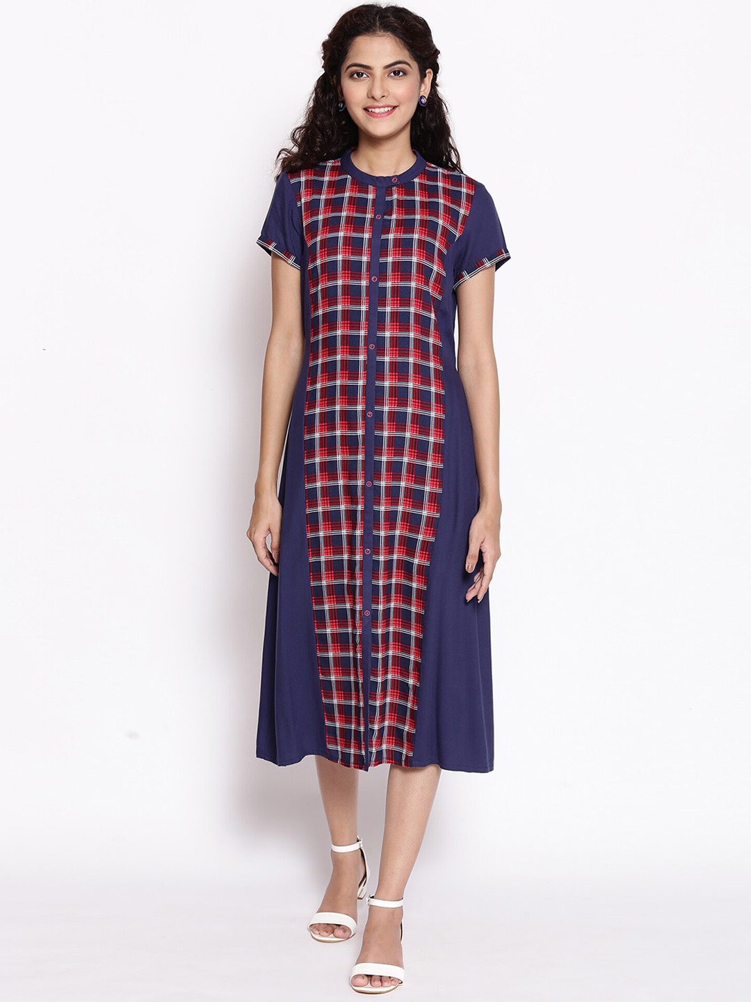 

AURELIA Blue & Red Checked A-Line Midi Dress