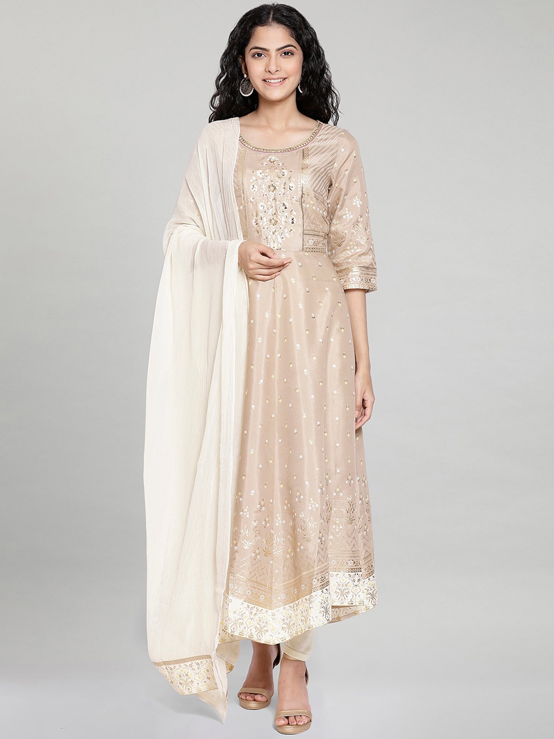 

AURELIA Women Beige Ethnic Motifs Printed Kurta with Trousers & With Dupatta