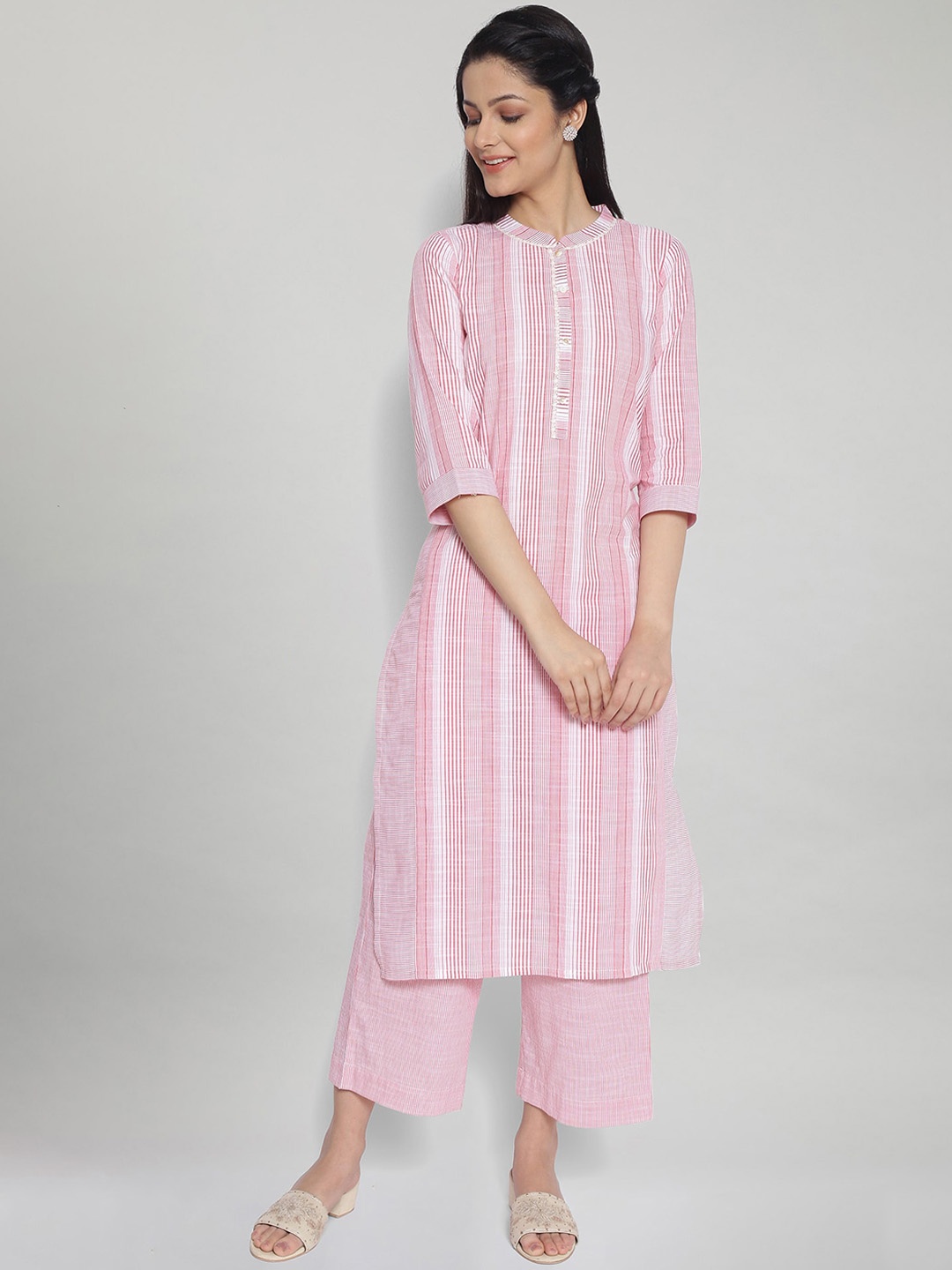 

AURELIA Women Pink Striped Regular Pure Cotton Kurta with Palazzos