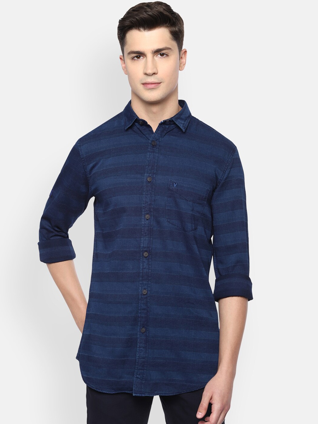 

VAN HEUSEN DENIM LABS Navy Blue Slim Fit Horizontal Stripes Opaque Striped Casual Shirt