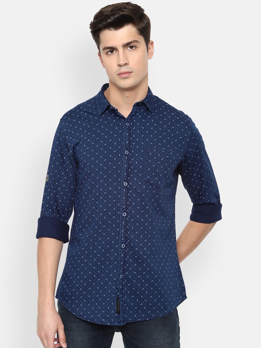 

VAN HEUSEN DENIM LABS Men Navy Blue Slim Fit Opaque Printed Casual Shirt