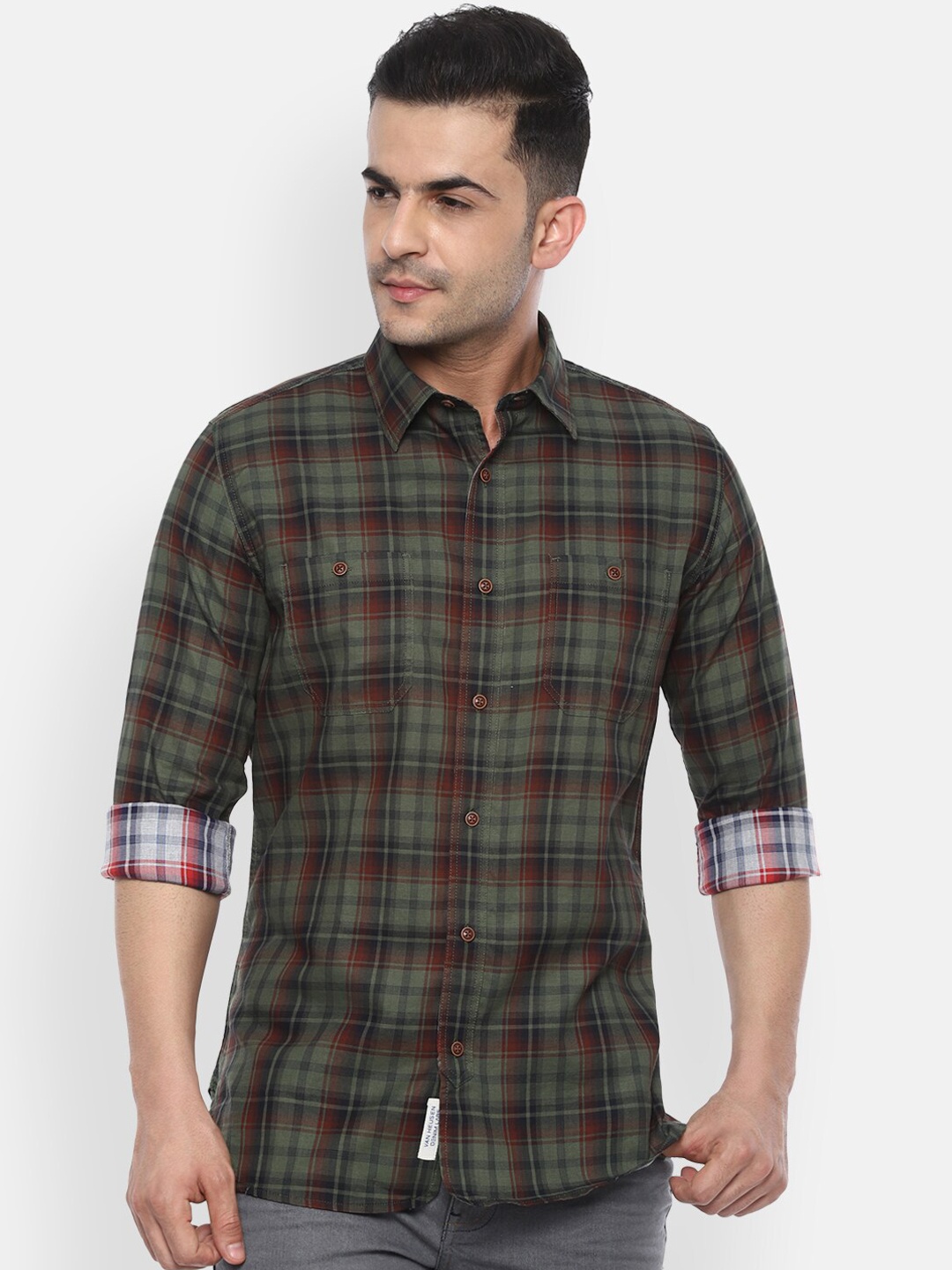 

VAN HEUSEN DENIM LABS Men Olive Green Slim Fit Opaque Checked Casual Shirt