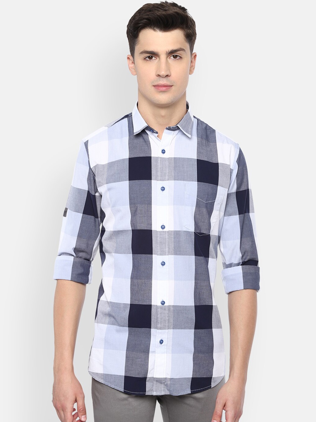 

VAN HEUSEN DENIM LABS Men Blue Slim Fit Opaque Checked Casual Shirt