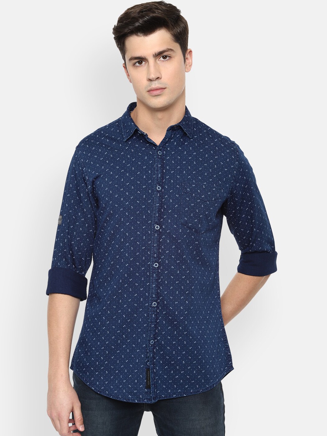 

VAN HEUSEN DENIM LABS Men Navy Blue Slim Fit Opaque Printed Casual Shirt