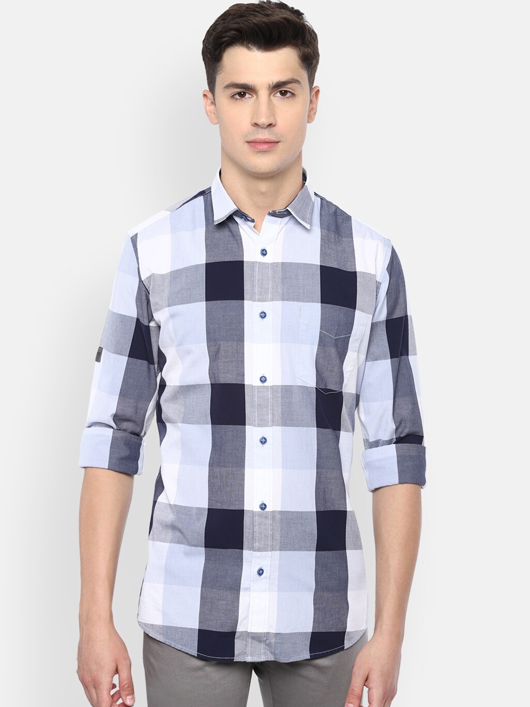 

VAN HEUSEN DENIM LABS Men Blue Slim Fit Opaque Checked Casual Shirt