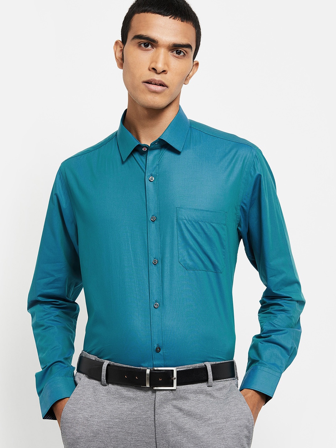 

max Men Teal Green Opaque Cotton Formal Shirt