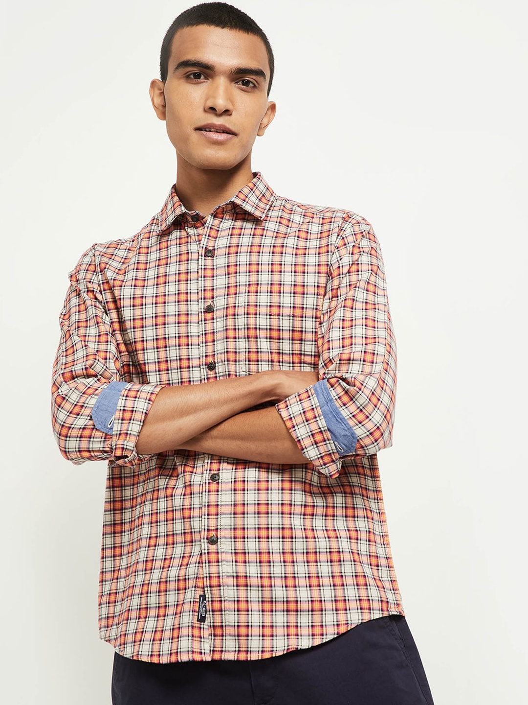 

max Men Cream-Coloured & Orange Opaque Checked Cotton Casual Shirt