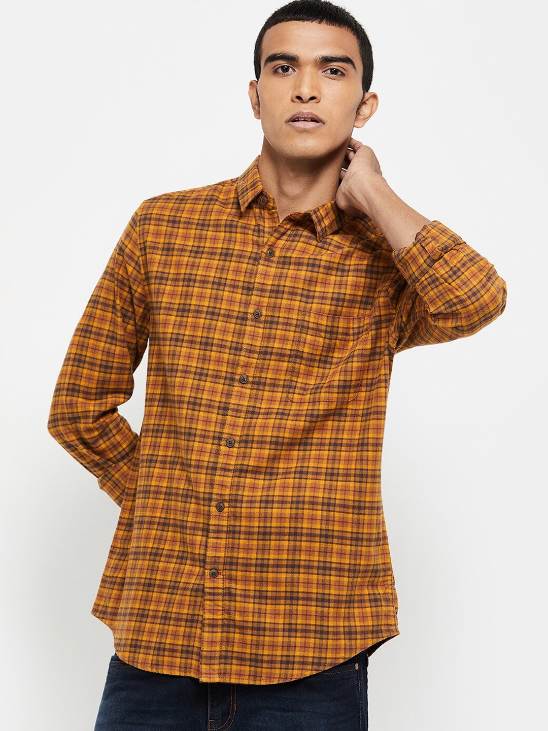 

max Men Mustard Brown Opaque Tartan Checked Cotton Casual Shirt