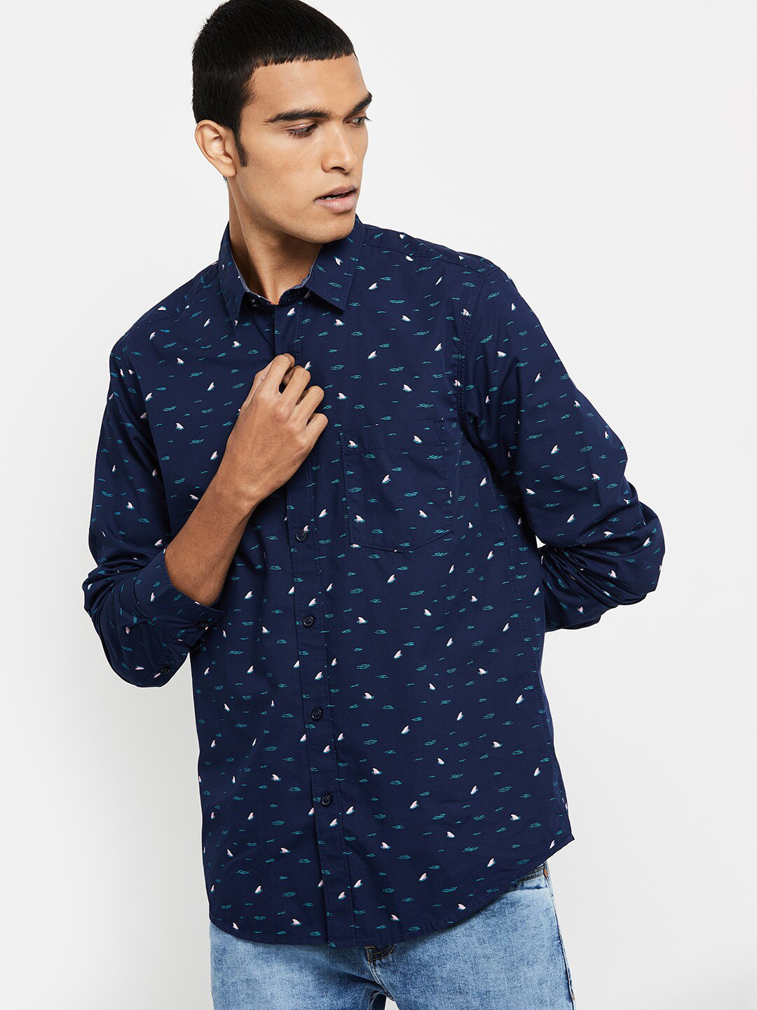 

max Men Navy Blue Opaque Micro Ditsy Printed Cotton Casual Shirt
