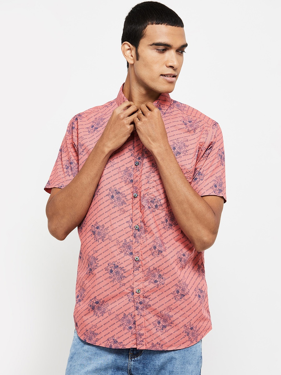 

max Men Coral Pink & Blue Opaque Floral Printed Cotton Casual Shirt