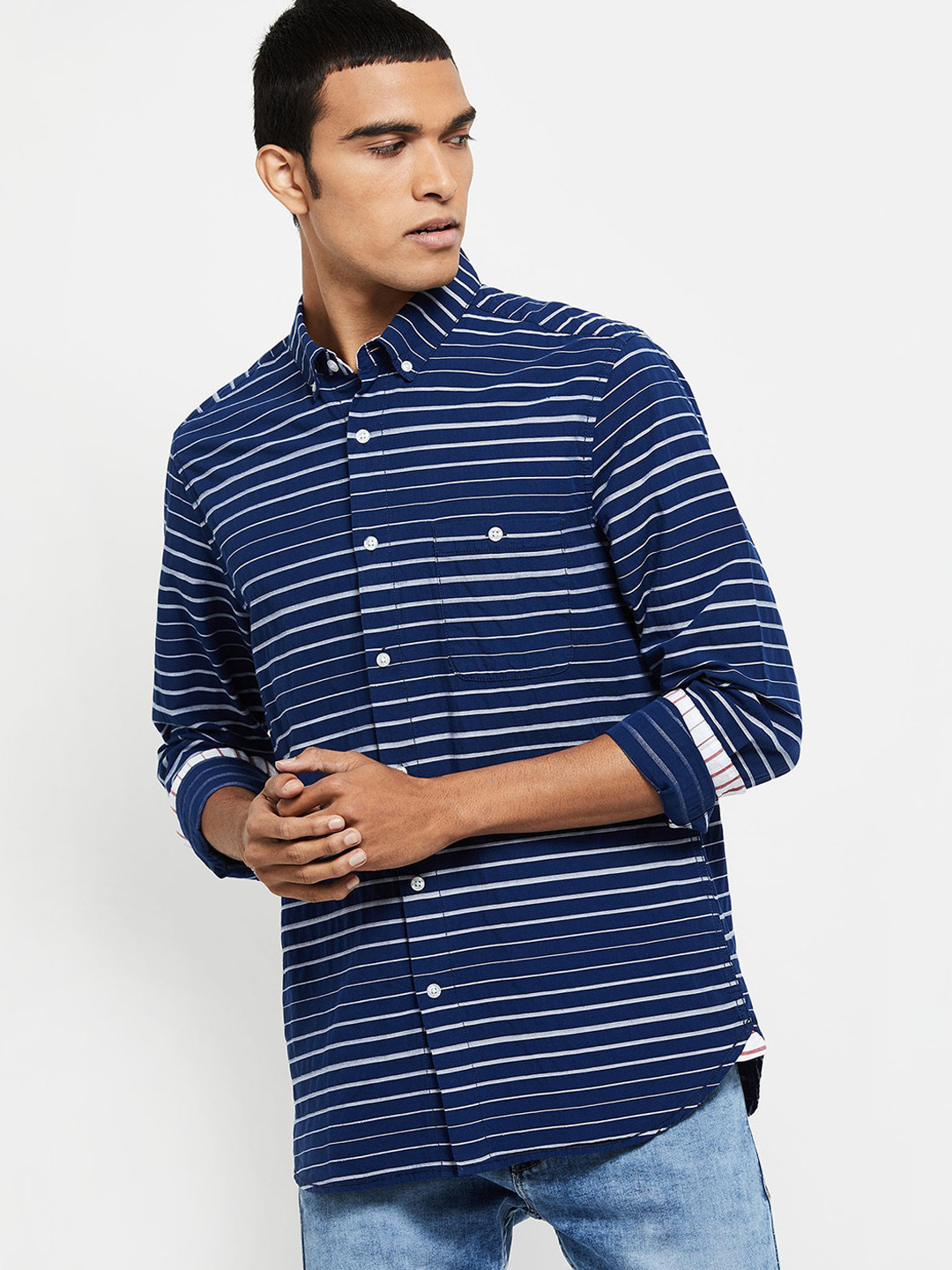 

max Men Blue & White Opaque Horizontal Striped Cotton Casual Shirt