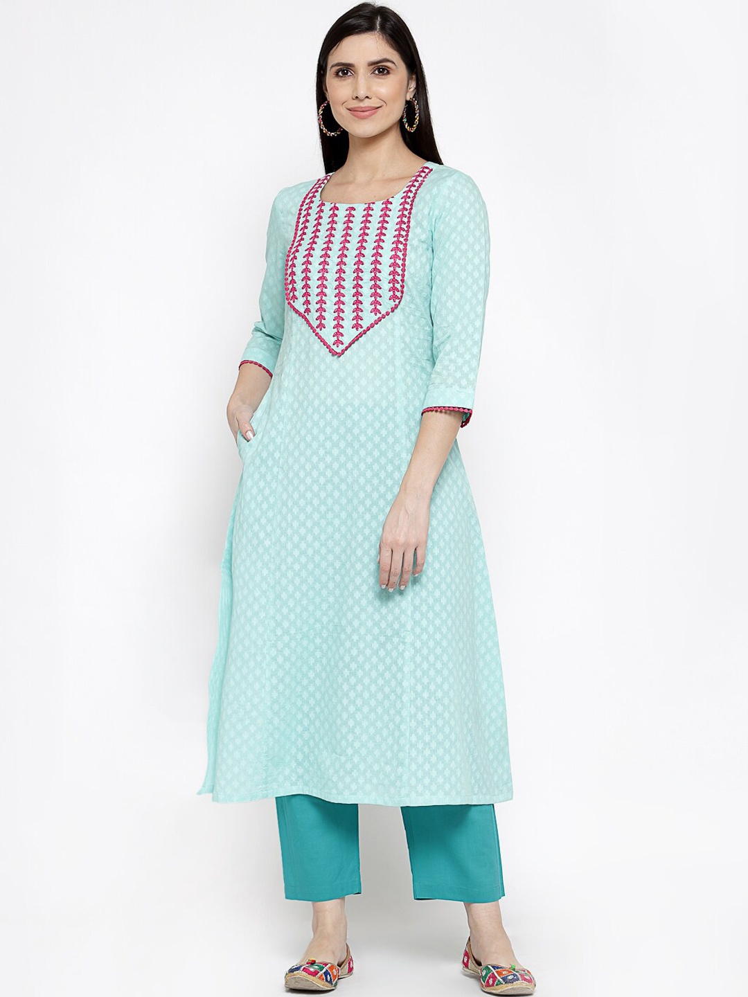 

DART STUDIO Women Turquoise Blue Geometric Thread Work Cotton Jacquard A-line Kurta