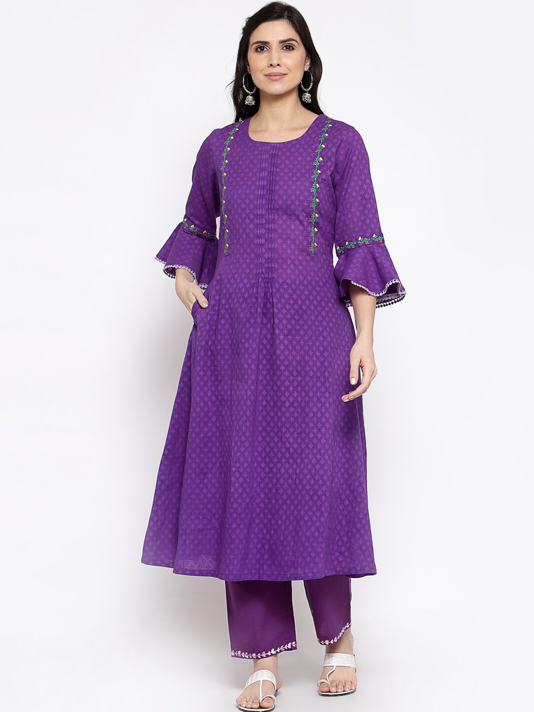 

DART STUDIO Women Purple Geometric Flared Sleeves Thread Work Cotton Jacquard A-line Kurta