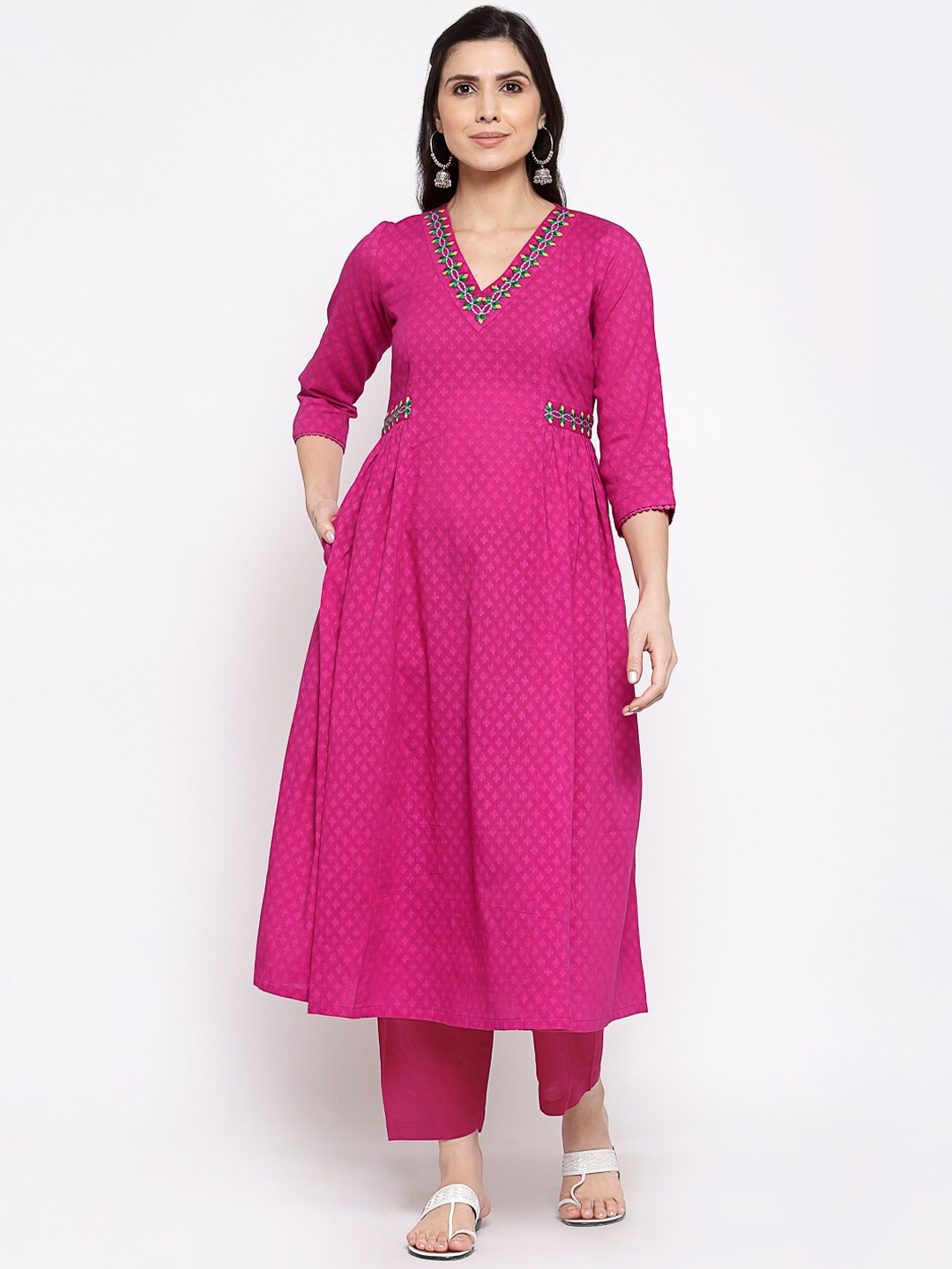 

DART STUDIO Women Pink Geometric Thread Work Cotton Jacquard A-line Kurta