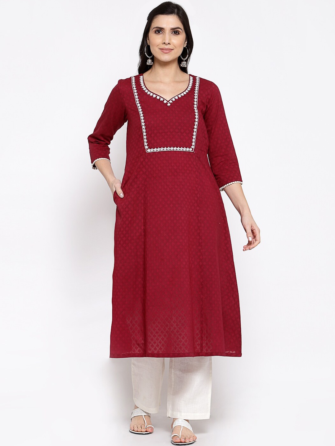 

DART STUDIO Women Maroon Geometric Woven Design Thread Work Cotton Jacquard A-line Kurta