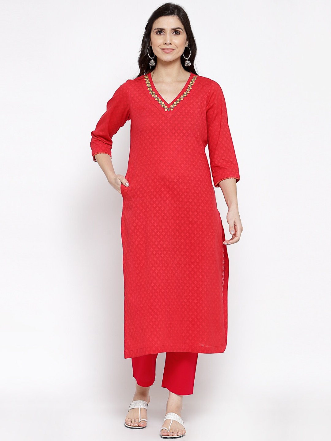 

DART STUDIO Women Red Ethnic Motifs Embroidered Thread Work Jacquard Kurta