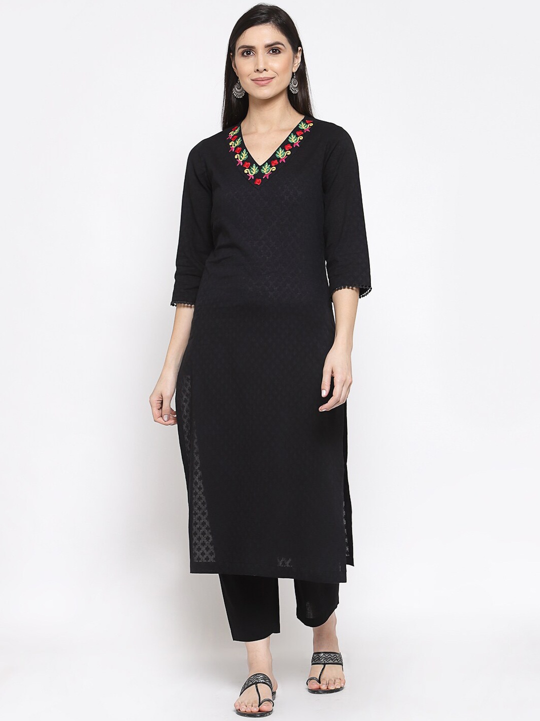 

DART STUDIO Women Black Ethnic Motifs Embroidered Thread Work Jacquard Kurta