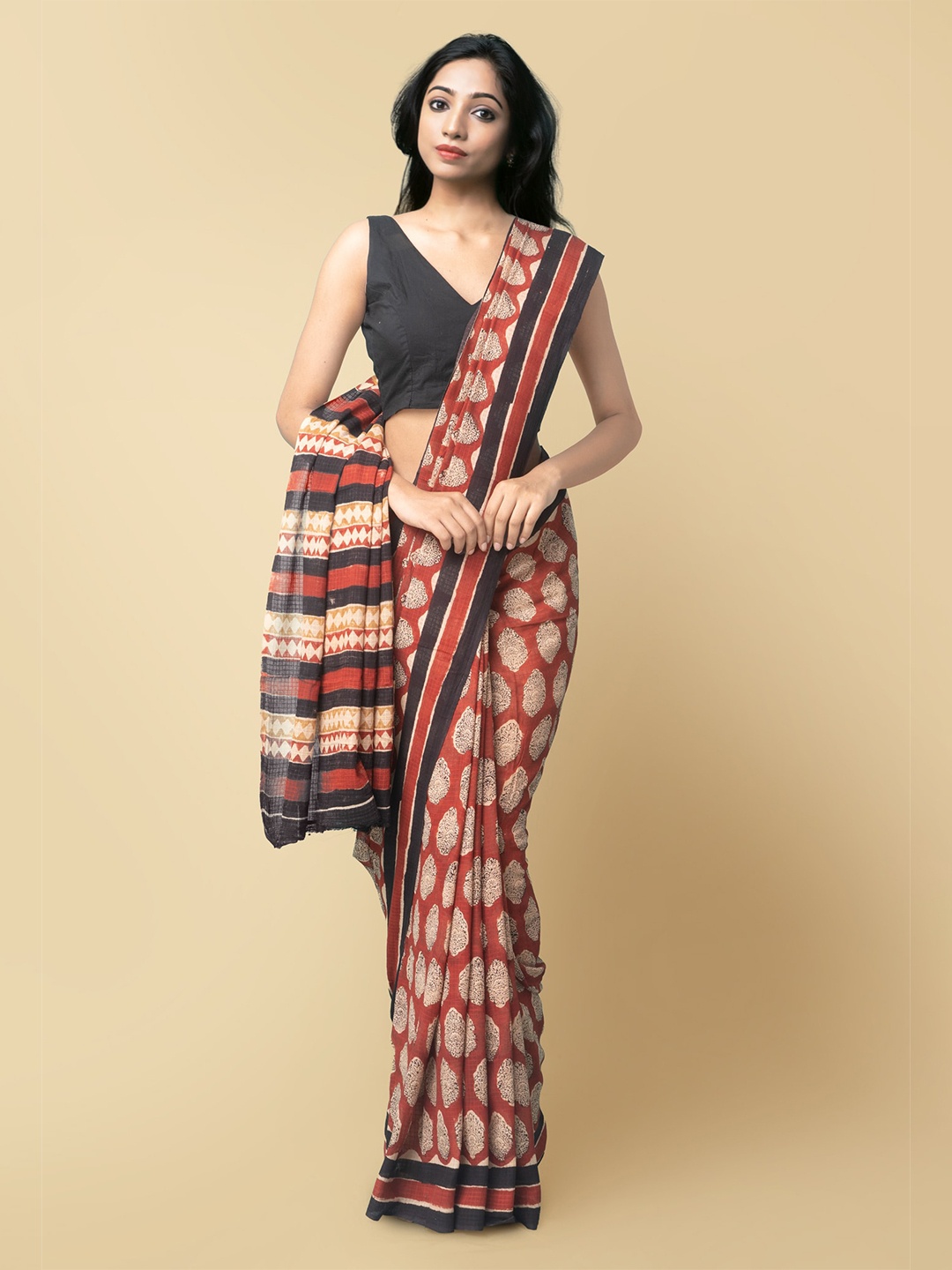 

Unnati Silks Women Red & Black Pure Preet Bagru Mulmul Cotton Sustainable Saree