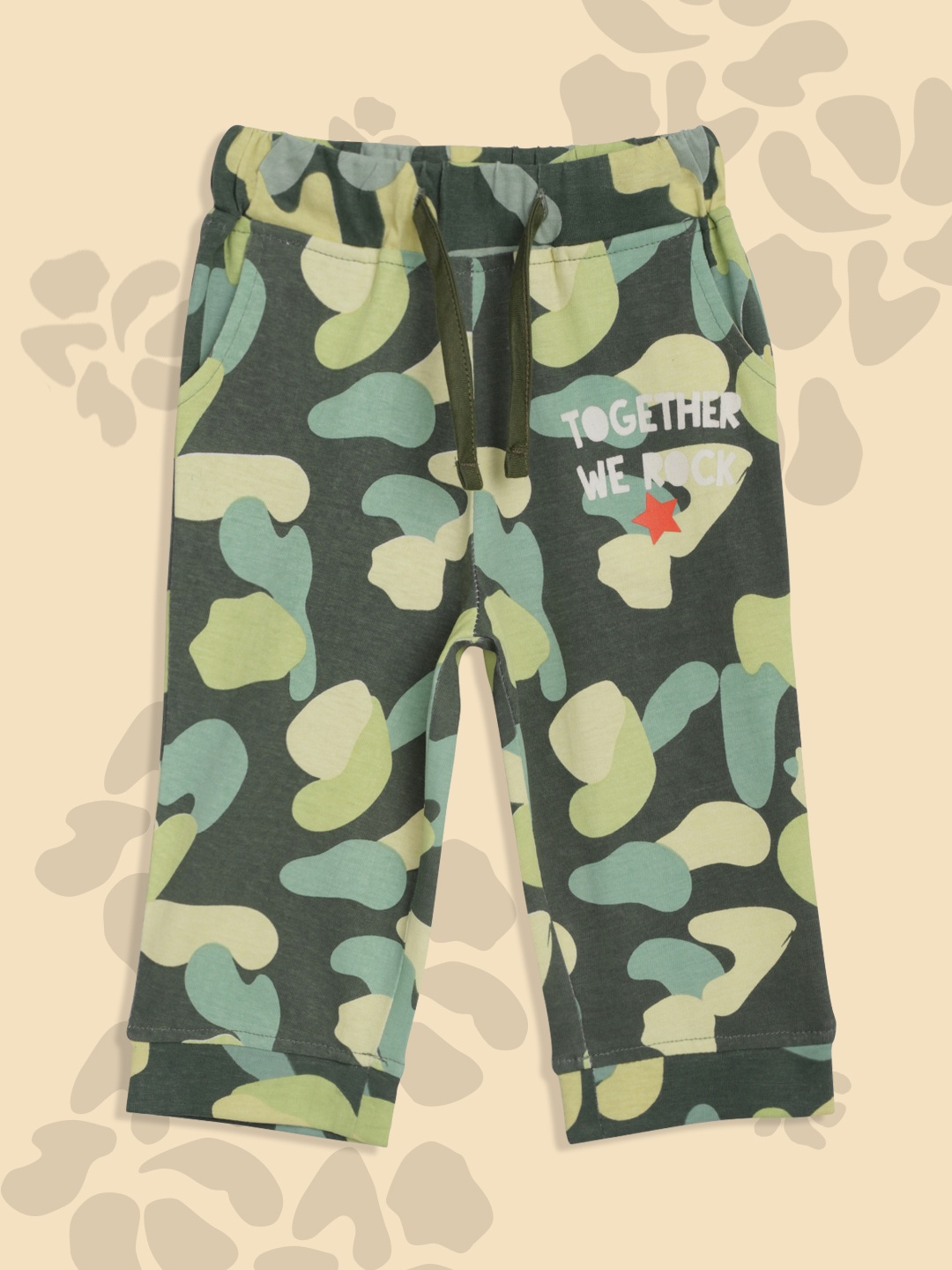 

YK Infant Boys Olive Green & Yellow Pure Cotton Camouflage Print Joggers