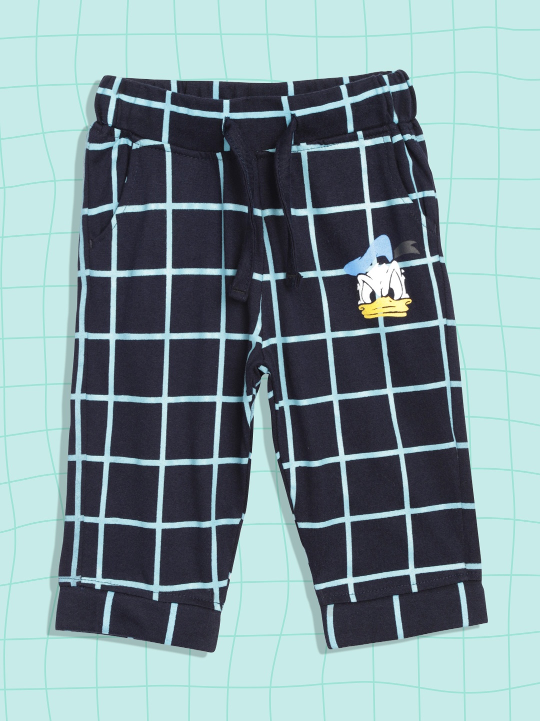 

YK Infant Boys Navy Pure Cotton Checked Donald Duck Detail Joggers, Navy blue