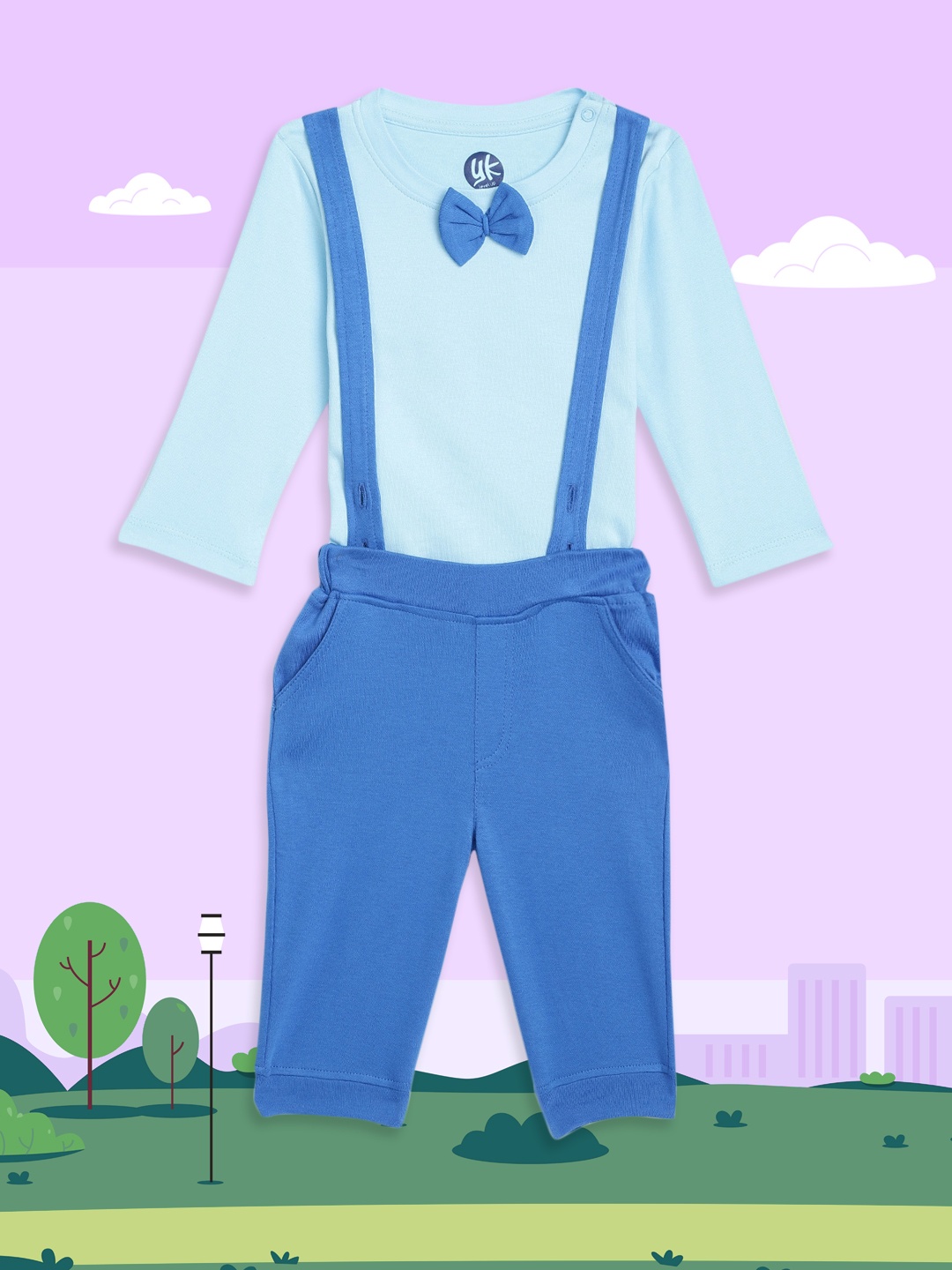 

YK Infant Boys Blue Solid Cotton Co-ords with Detachable Suspenders