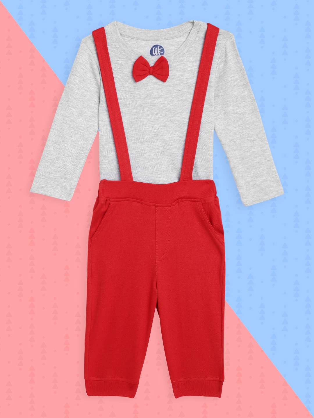 

YK Infant Boys Grey Melange & Red Solid Cotton Co-ords with Detachable Suspenders