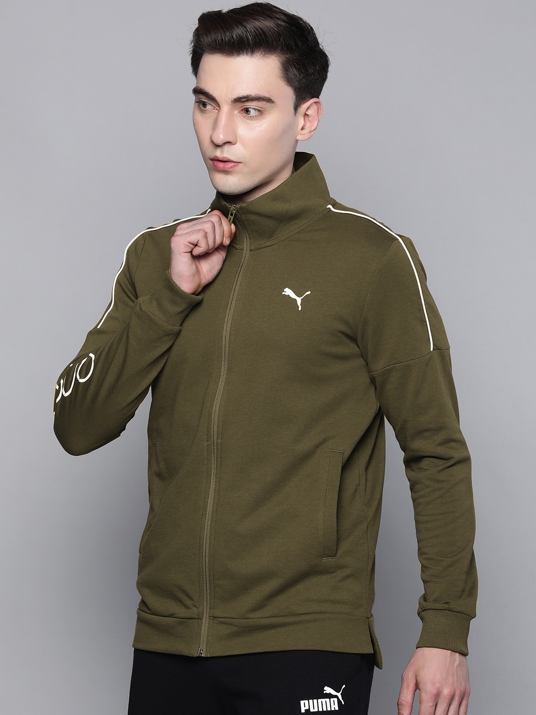 

one8 x PUMA Men Green Typography Printed Stand Collared Casual Open Front Jacket