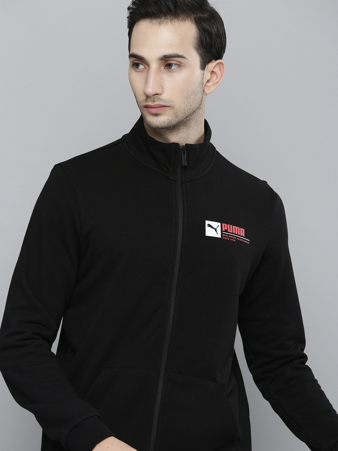 

Puma Men Black Brand Logo Graphic Printed Slim Fit Sporty Track Jacket