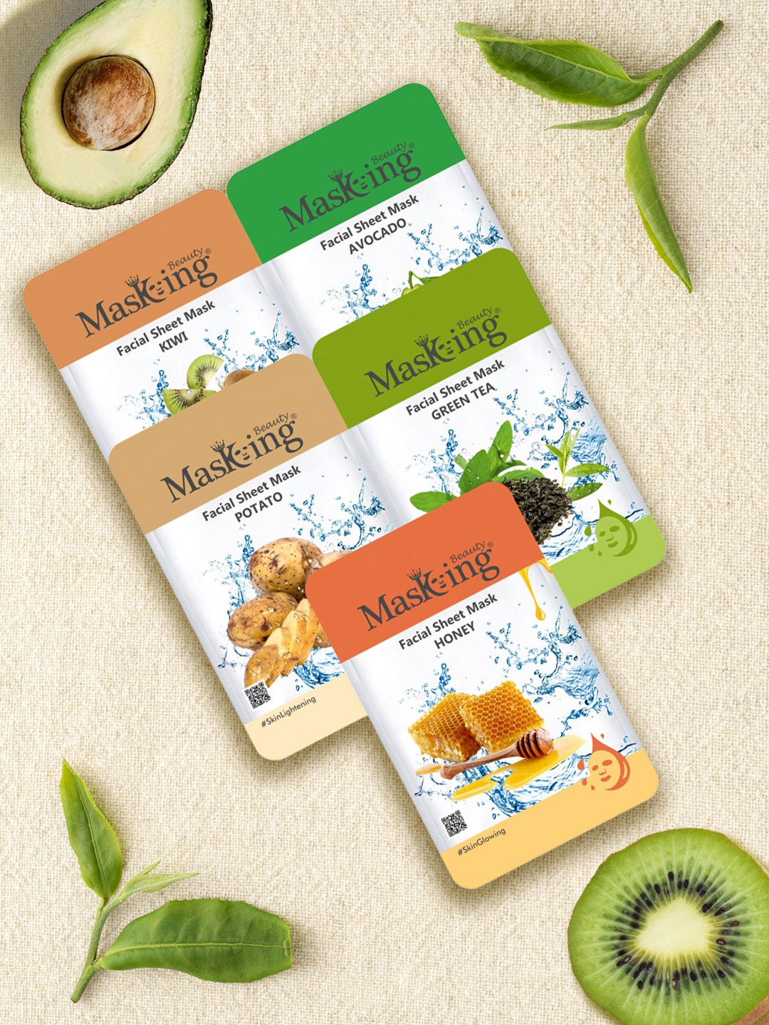 

MasKing Beauty Unisex Set Of 5 Avocado & Green Tea Facial Sheet Masks, Multi