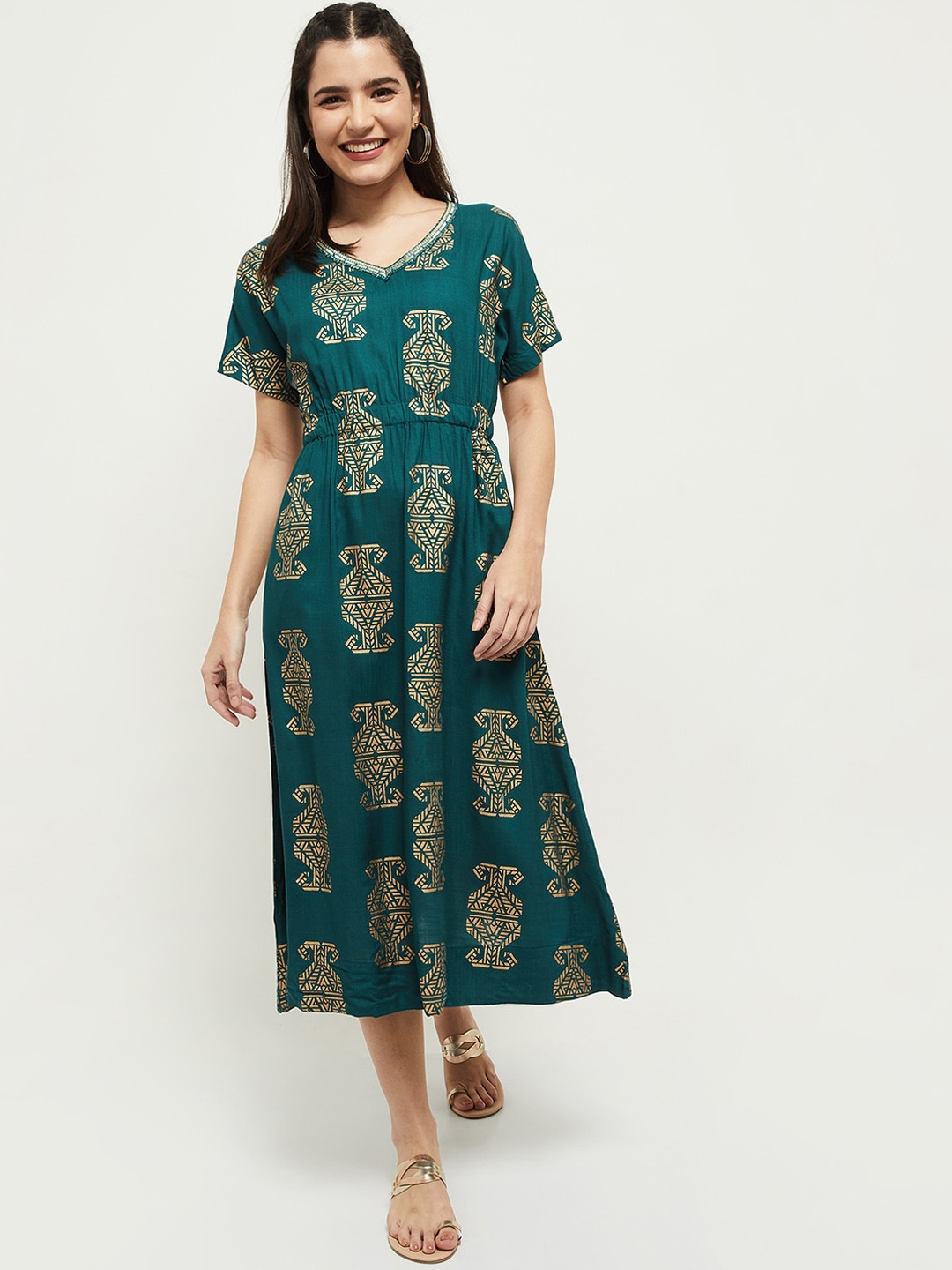 

max Teal Ethnic Motifs A-Line Midi Dress