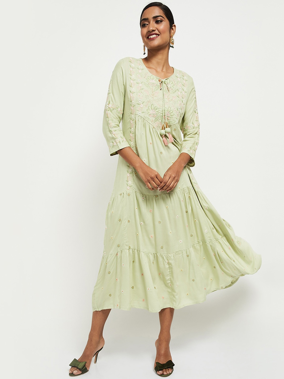 

max Green & Pink Floral Embroidered Tie-Up Neck Midi Dress