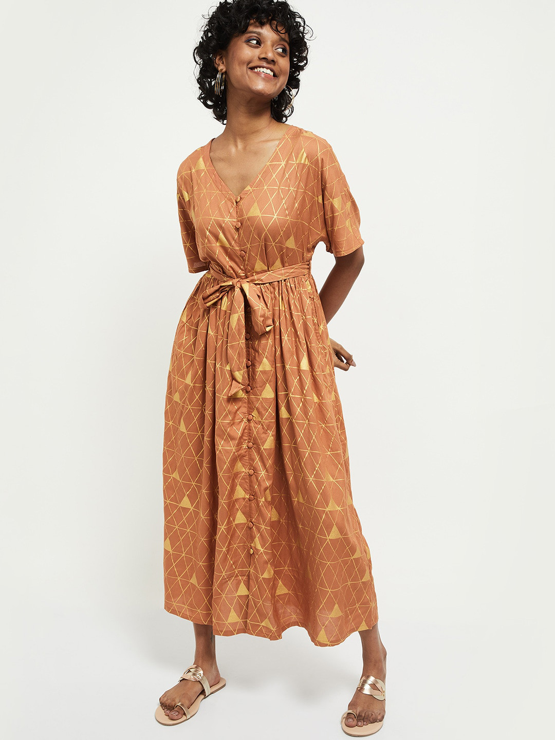 

max Women Brown & Gold-Toned Maxi Midi Dress