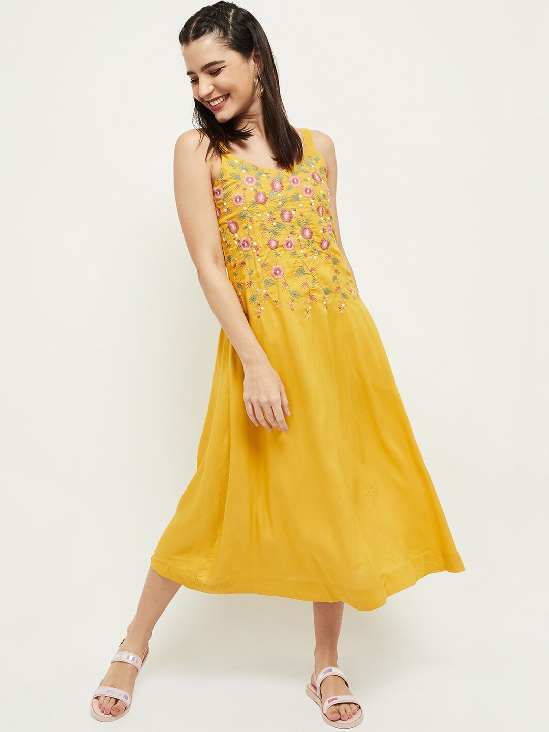 

max Yellow & Pink Floral Embroidered A-Line Midi Dress