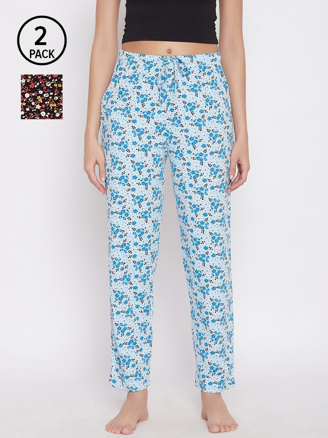 

C9 Airwear Women Pack of 2 Blue & Black Floral Print Pure Cotton Lounge Pants