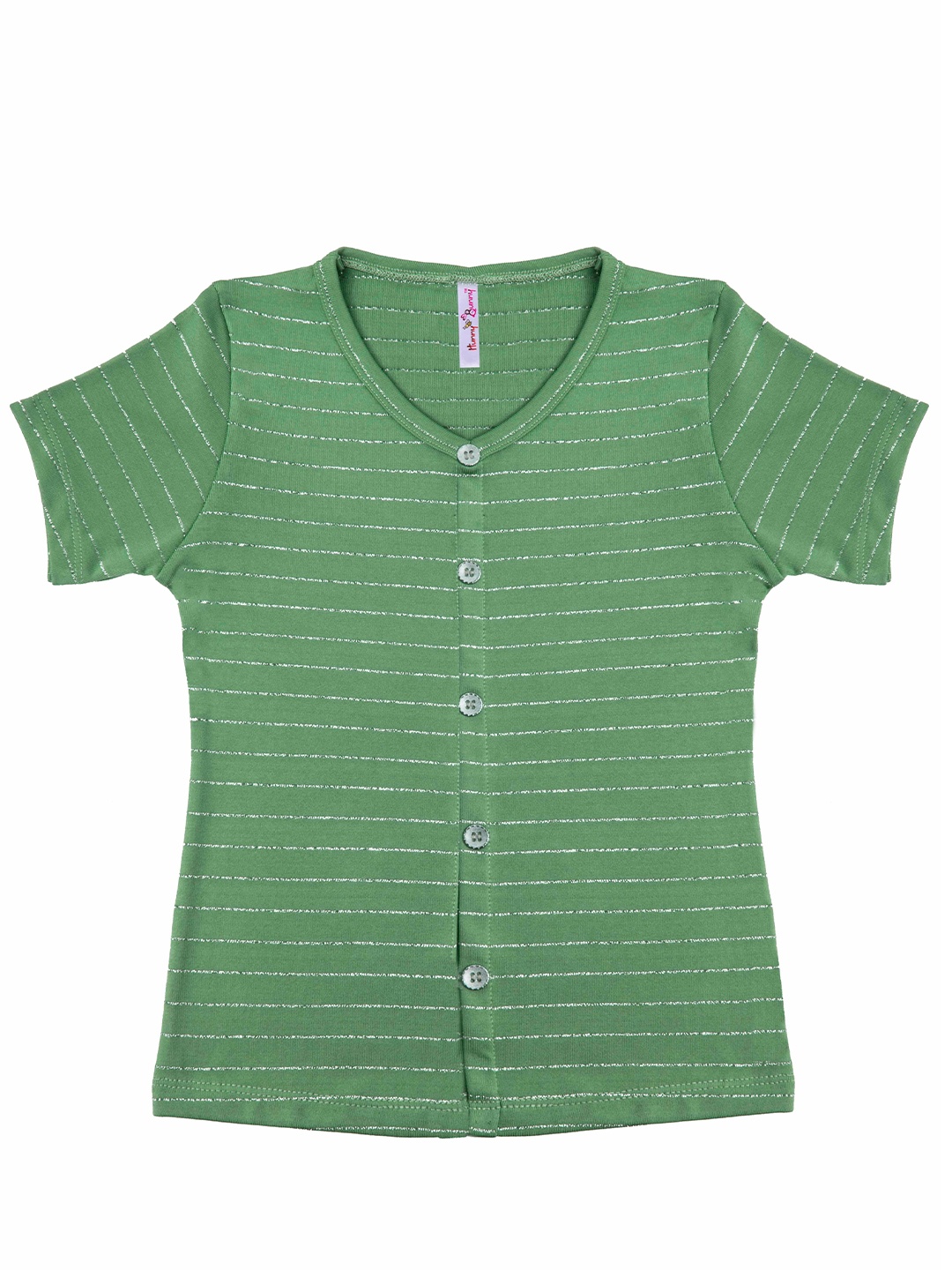 

Hunny Bunny Sea Green Striped Mandarin Collar Shirt Style Top