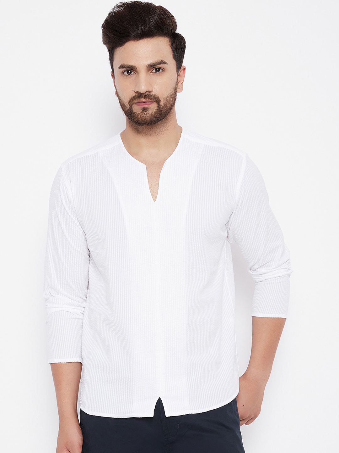 

even Men White Striped Dobby Kurta