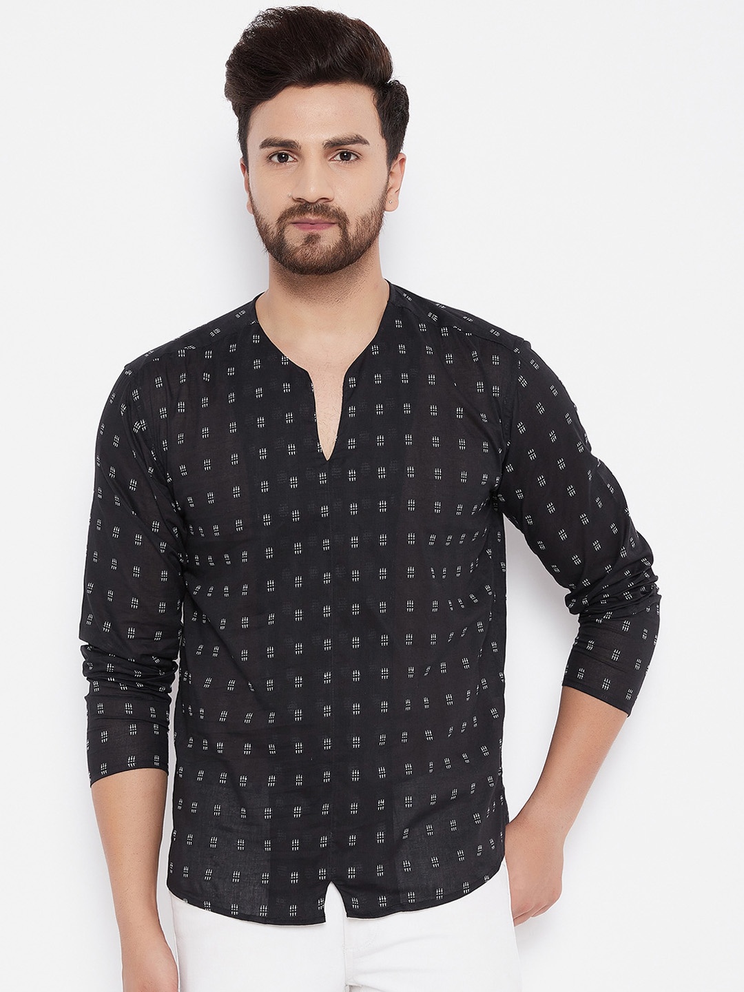 

even Men Black & White Printed Pure Cotton Kurta