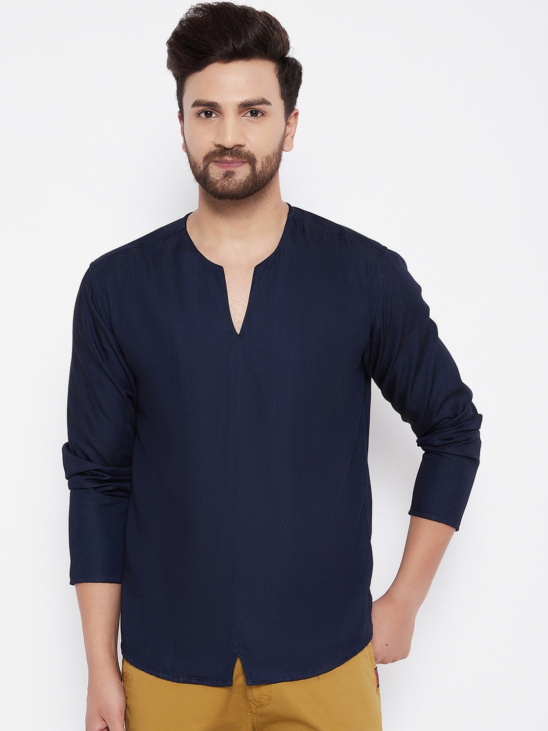 

even Men Blue Solid Pure Cotton Above Knee Kurta
