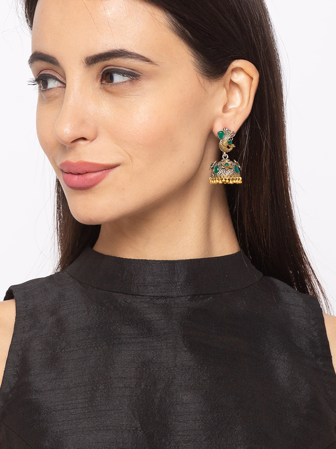 

Digital Dress Room Gold-Toned Peacock Engraved Jhumkas Earrings