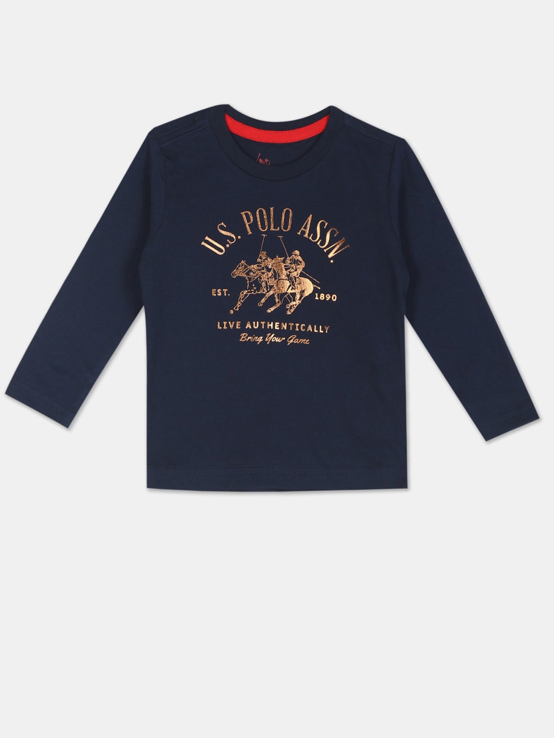 

U.S. Polo Assn. Kids Boys Blue & Gold-Toned Metallic Logo Printed T-shirt