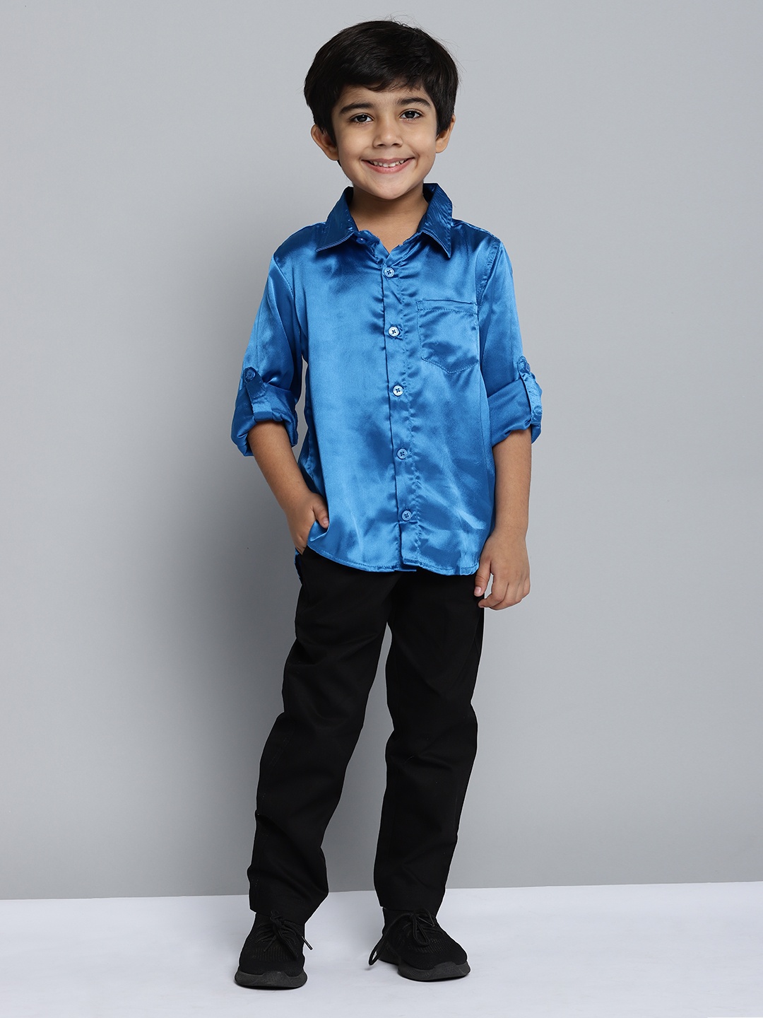 

YK Boys Blue & Black Solid Shirt with Trousers
