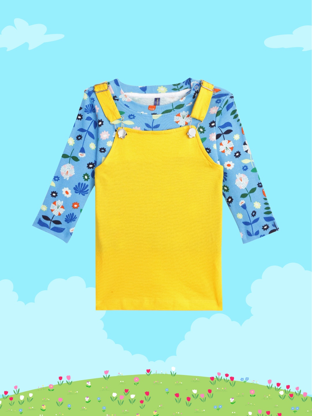 

YK Yellow & Blue Pure Cotton Pinafore Dress with T-shirt