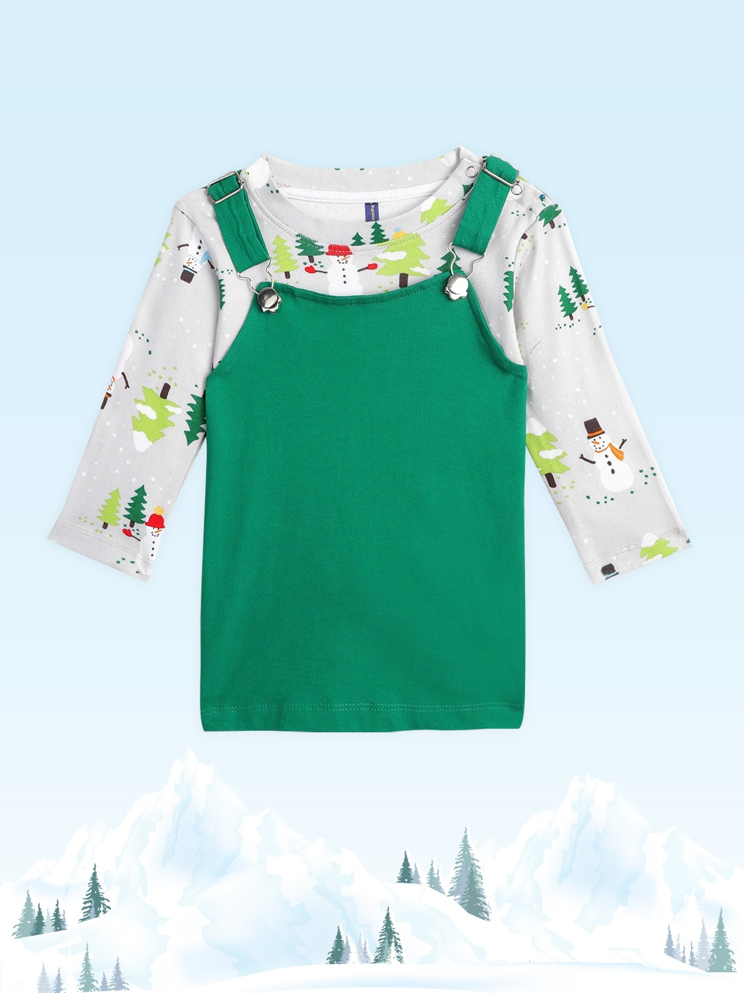 

YK Green & Grey Pure Cotton Pinafore Dress with T-shirt