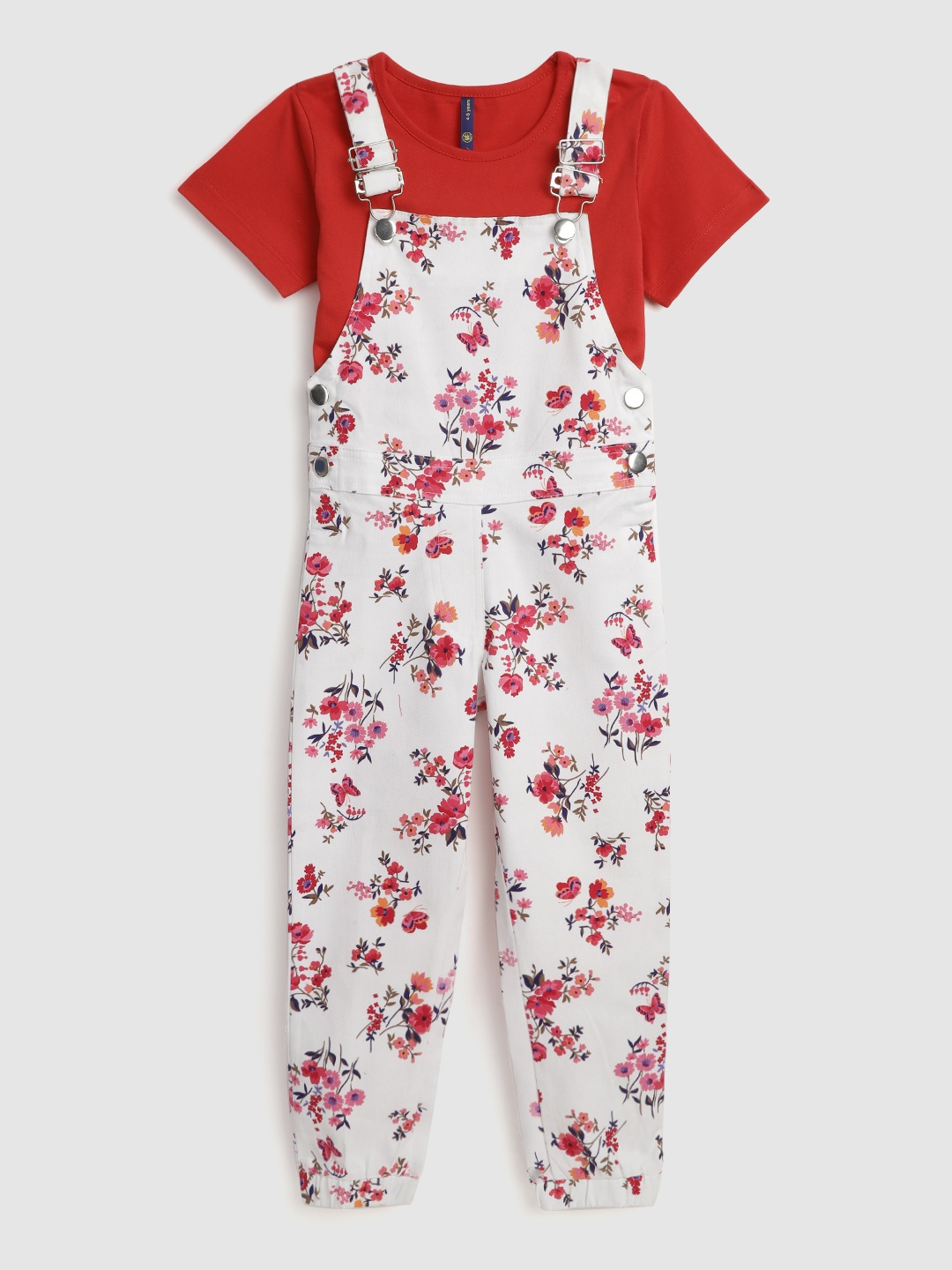 

YK Girls White & Red Cotton Floral Print Dungarees with T-shirt