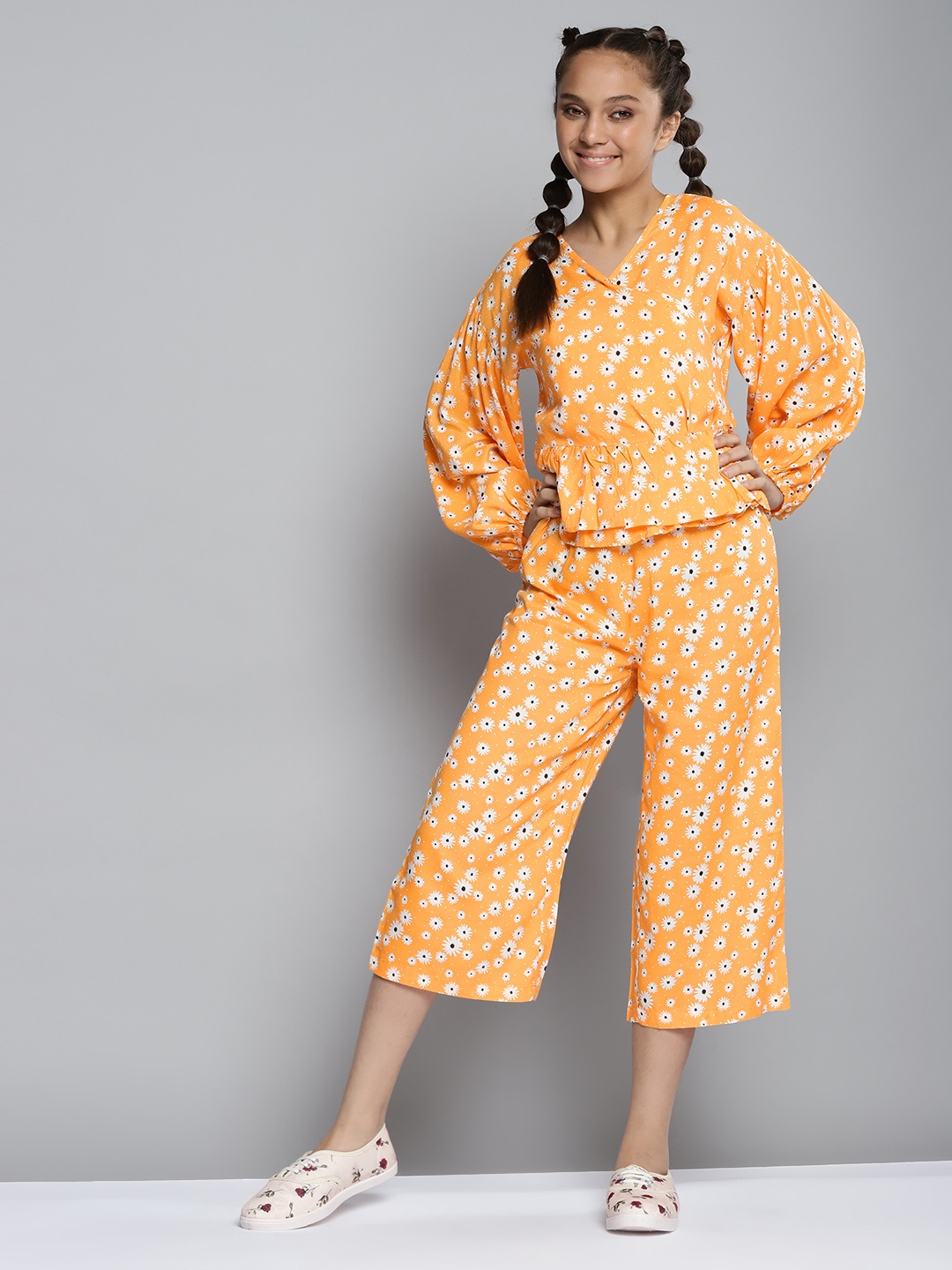 

YK Girls Coral Orange & White Floral Print Co-ords Set